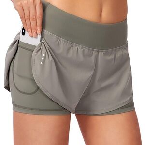 Soothfeel- Women’s 2 in 1 Running Shorts Olive Green L